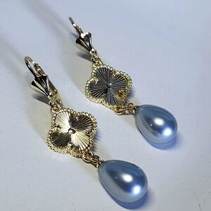 Gold Quatrefoil Flower Clover Drop Earrings with Grey Pearls